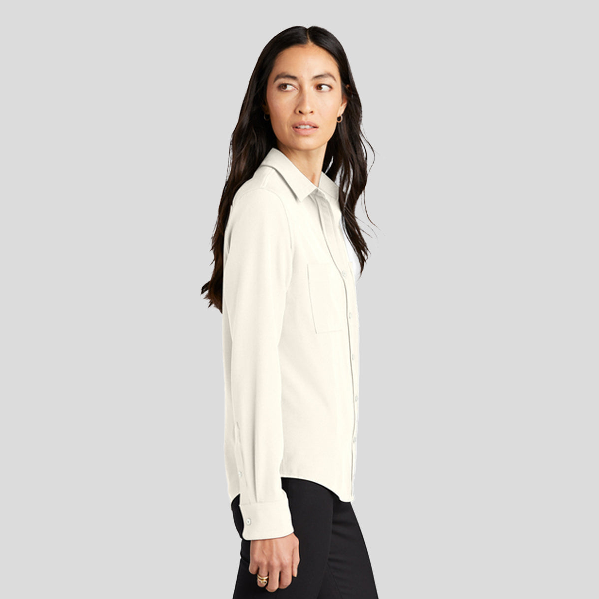 Women's Stretch Crepe Long Sleeve Camp Blouse | Ivory Chiffon