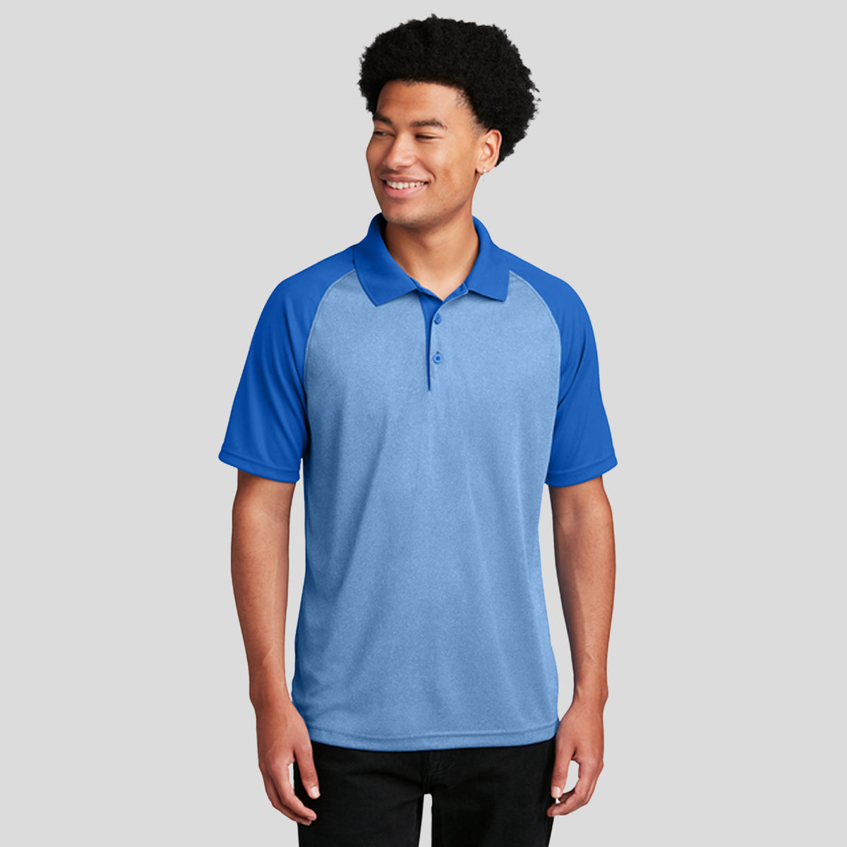 PosiCharge® RacerMesh® Raglan Heather Block Polo | True Royal Heather/True Royal