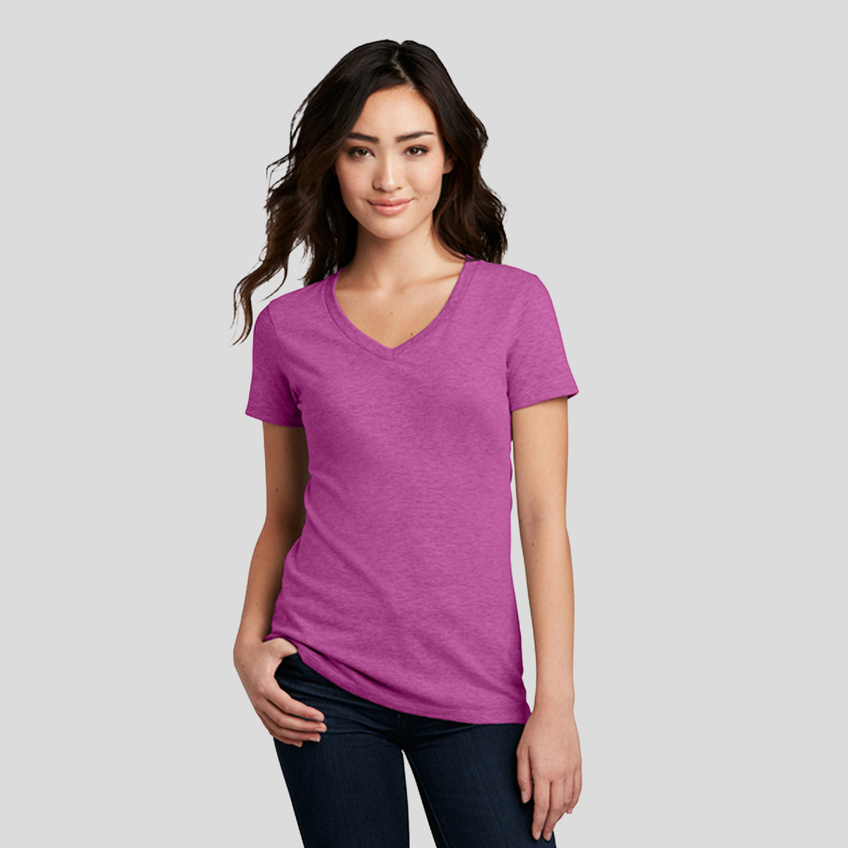 Womenโs Perfect Blendยฎ CVC V-Neck Tee | Heathered Pink Raspberry
