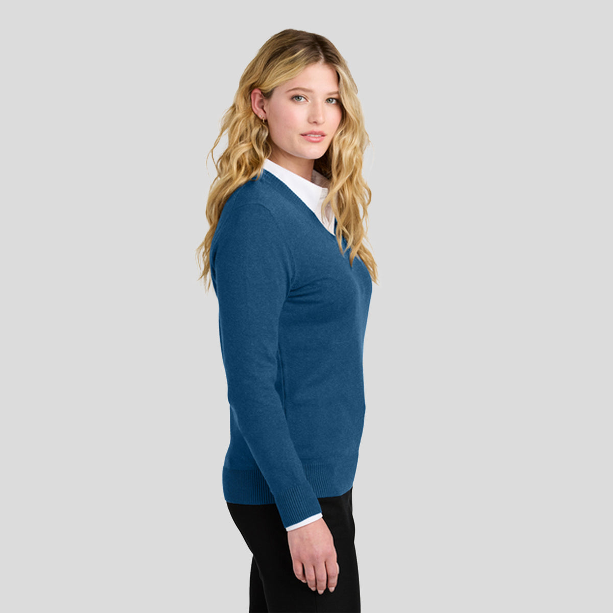 Womenβs Easy Care V-Neck Sweater | Aegean Blue Heather